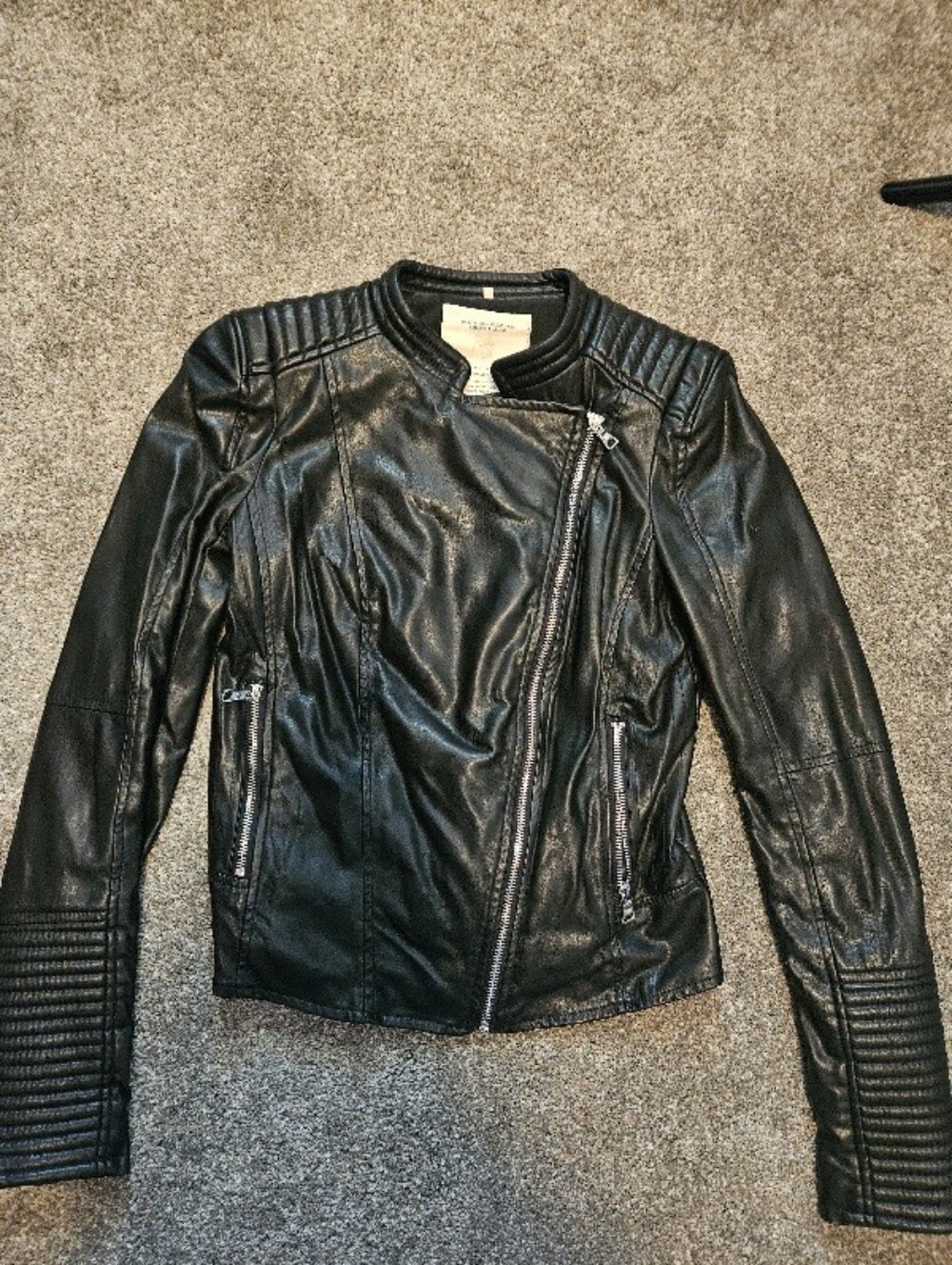 Zara Black Quilted-Detail Leather Moto Jacket